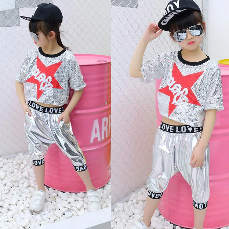 Костюм для девочек и мальчиков с блестками бальных танцев джаз хип-хоп костюм