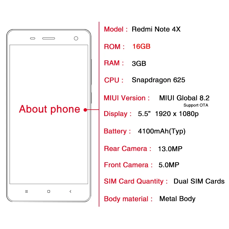 Оригинальный Xiaomi Redmi Note 4X3 ГБ 16 мобильный телефон 4 X Snapdragon 625 восьмиядерный