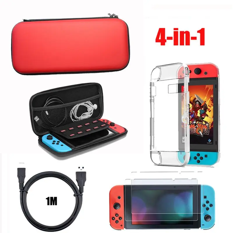 Красный Для Nintendo Switch 4 в 1 Аксессуары несущих чехол сумка+ зарядный кабель+ защитная оболочка+ пленка для экрана из закаленного стекла для NS - Цвет: Красный
