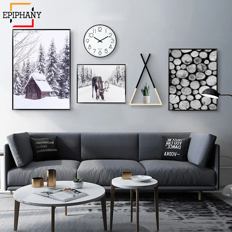 Christmas Wall Decor Winter Wall Art Prints Snow Covered Pine Trees Moose Reindeer Canvas Painting Wall Pictures for Room Decor