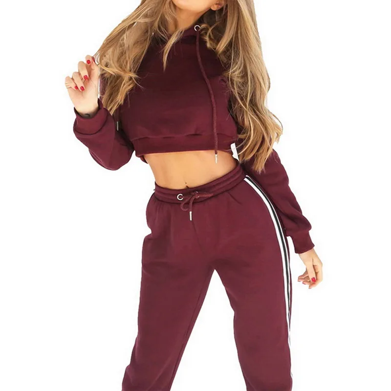 burgundy Sfit женский спортивный костюм, Летний полосатый свитер с капюшоном, сплошной цвет, длинный рукав, брюки, повседневный укороченный спортивный костюм, 2 шт - Цвет: burgundy