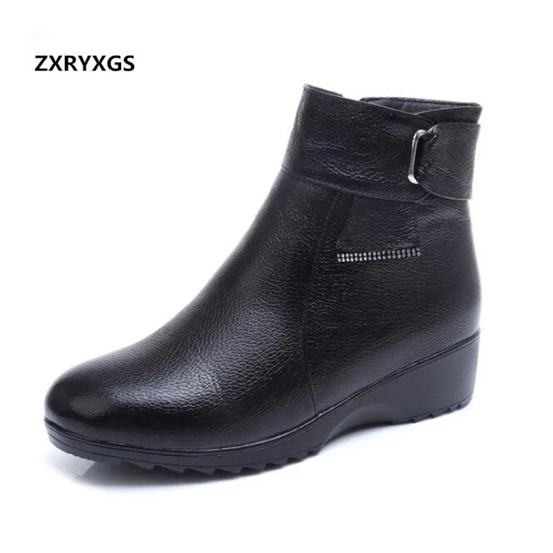 

2019 New Black White Nurse Winter Boots Women Shoes Flat Non-slip Wedges Real Leather Boots Warm Soft Bottom Comfort Snow Boots