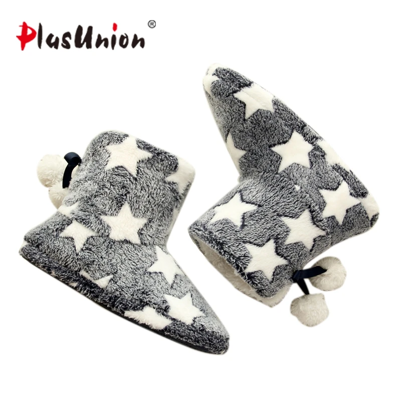 Star Flock Flat with 2 Colors Winter Indoor Slippers for Women Grey Ball Beaded Pink Adult House Shoes Soft Warm Slipper | Обувь