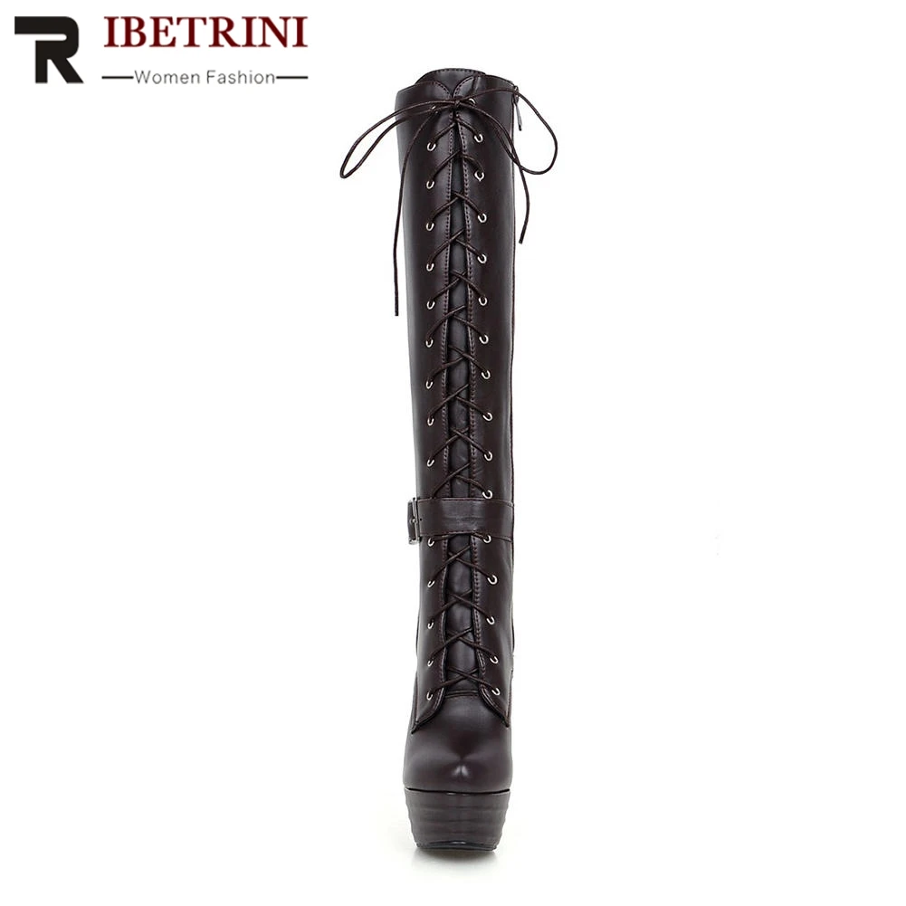 RIBETRINI/Размеры 33-45; пикантные туфли на высоком тонком каблуке с круглым носком; обувь на платформе со шнуровкой и пряжкой; женские рыцарские сапоги до колена