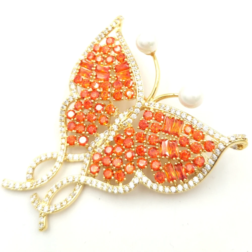 Великолепный микро Паве CZ Оранжевая бабочка Брошь Серебряный тон намекнул