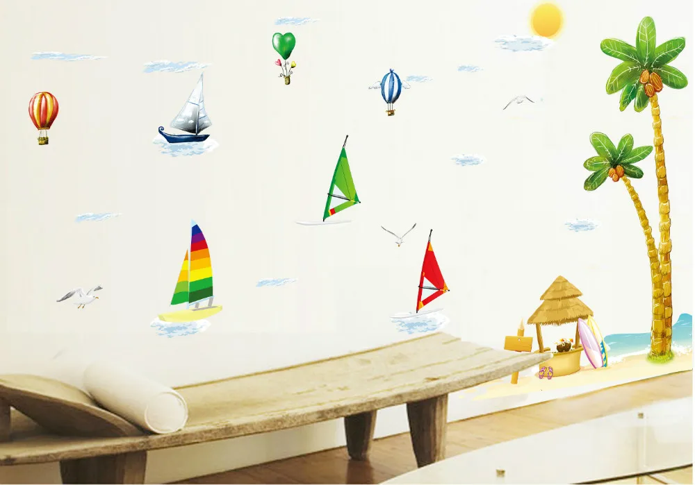 

Sailboat Cartoon Landscape Vinyl Removable Decal Self Adhesive for Bedroom Living Room Bathroom Wall Stickers Art Decor Mural