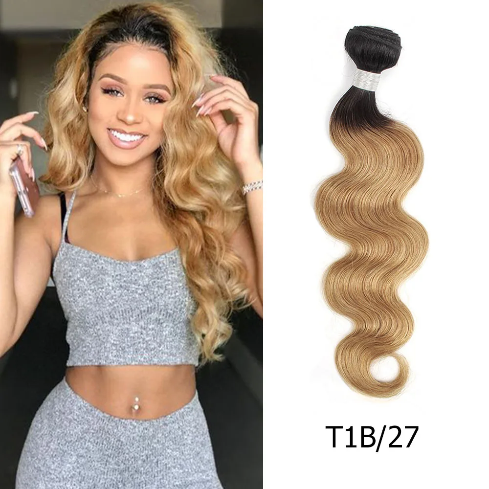 Bobbi 1 Комплект прядь волос с покраской Омбре эффектом деграде(переход от темного к Мёд светлые бразильские волнистые волосы 1B 30 каштановый Non-Remy пряди человеческих волос для наращивания волос - Цвет волос: T1B/27
