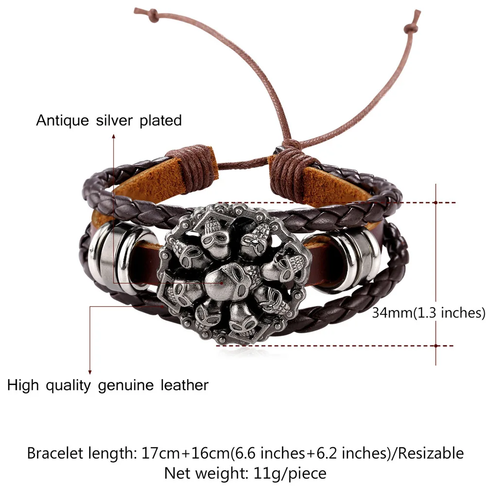 Мужские ювелирные изделия ручной работы браслет с черепом из натуральной кожи
