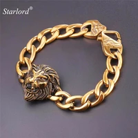starlord lion head men bracelet stainless steelgold color 2023cm hip hop lion jewelry solid cuban link bracelet for men gh2554