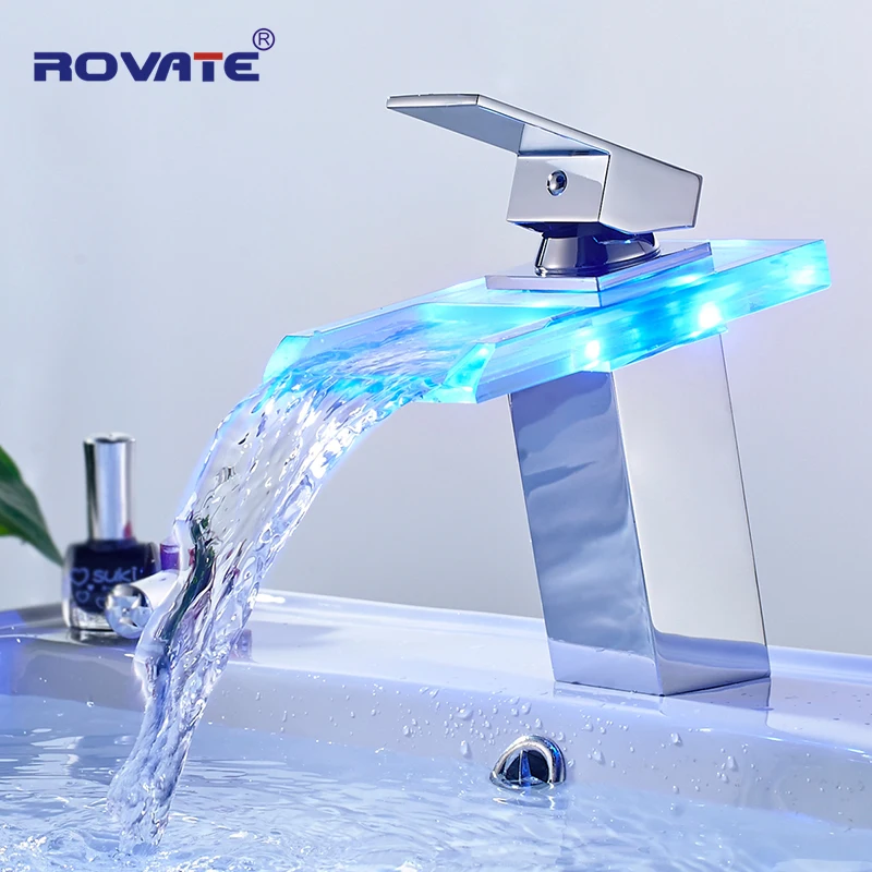 ROVATE LED Basin Faucet Brass Waterfall Temperature Colors Change Bathroom Mixer Tap Deck Mounted Wash Sink Glass Taps