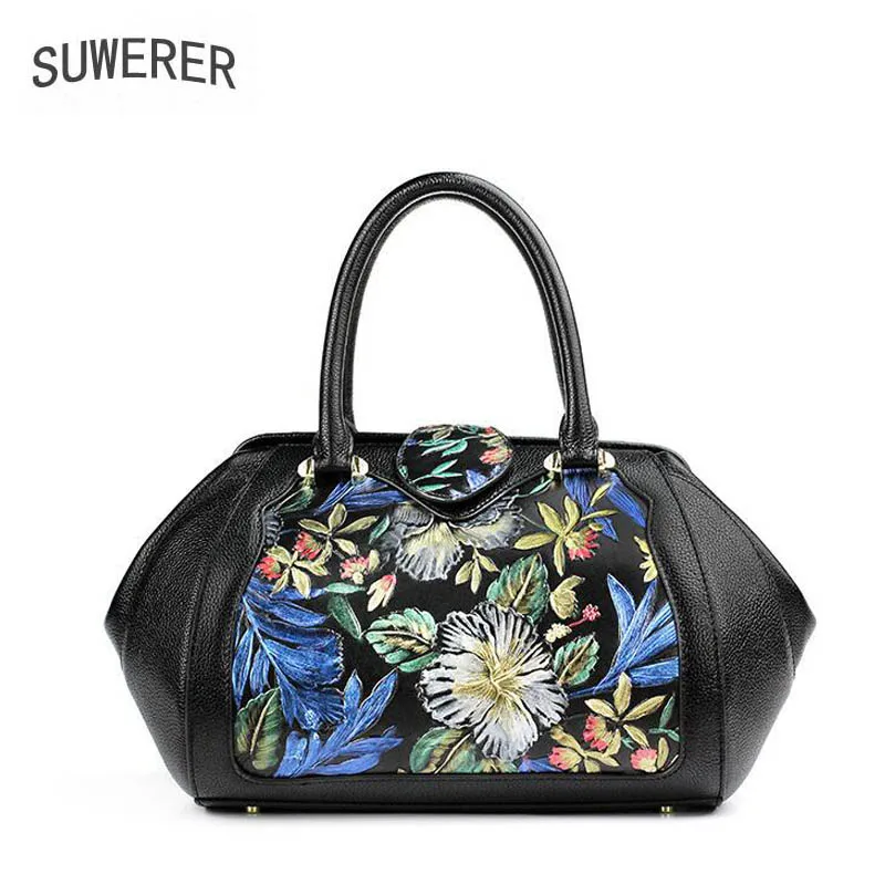 

SUWERER 2020 New cowhide women Genuine Leather bag fashion Splice Embossing flower bag designer women leather shoulder bag