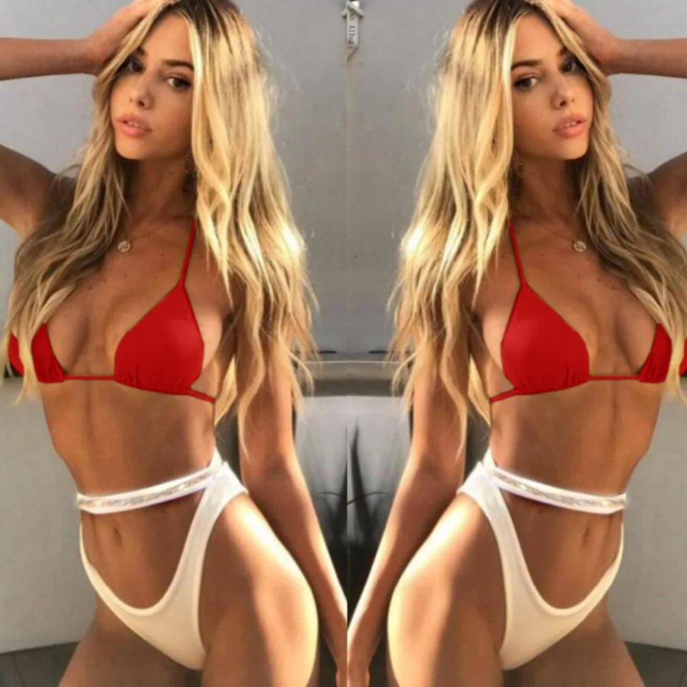 

2pcs/set Women Strappy Halter Swimwear Women Bikini Set Ladies Beach Bathing Suit White + Red Bandage Brazilian Biquini Mujer