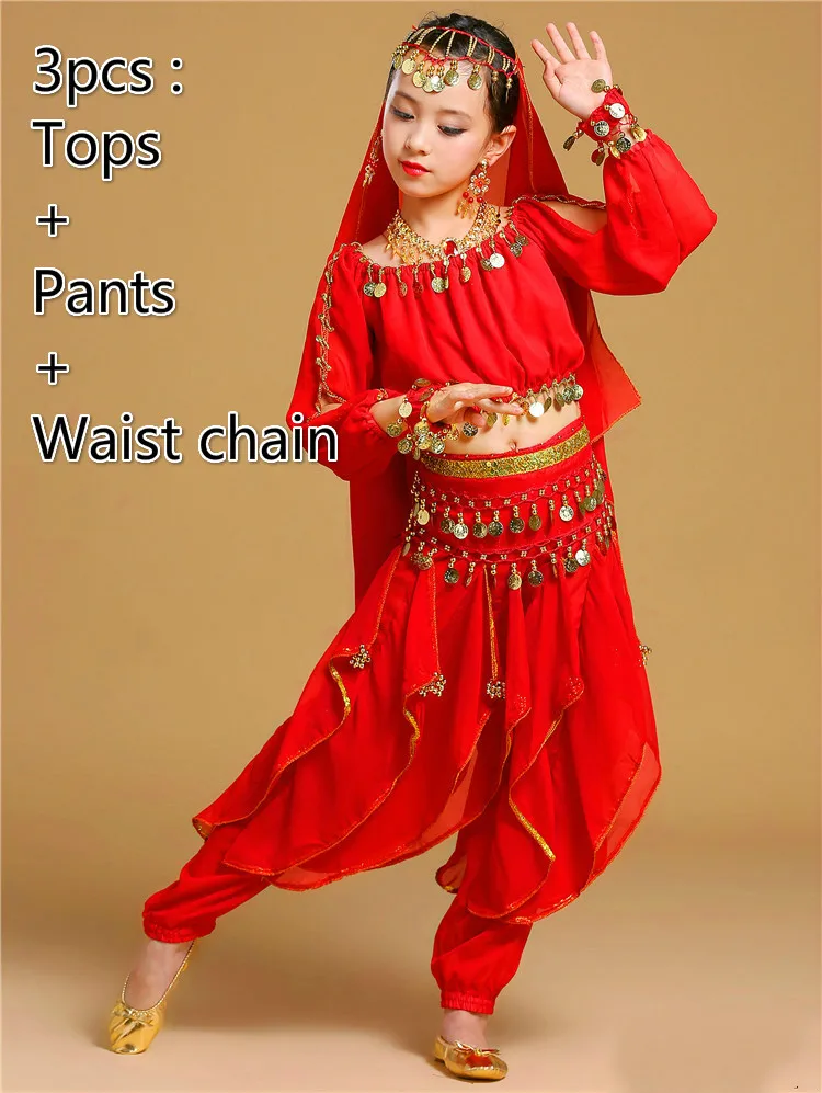 3pcs red Новая детская одежда для индийских танцев платье для выступлений танец живота Национальный Болливуд танцевальные костюмы для девочек Одежда для танца живота комплект одежды - Цвет: 3pcs red