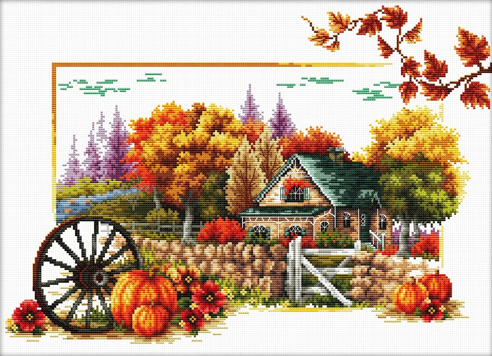 Фото Осенний пейзаж Счетный крест узоры вышивания 11Ct хлопковой нитью живопись Diy
