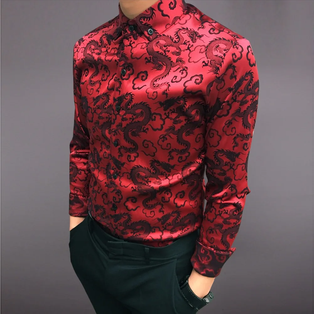 2018 повседневные мужские рубашки с принтом красного дракона вышивка деловая