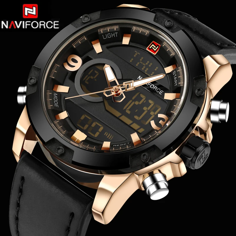 Мужские часы NAVIFORCE с двумя часовыми поясами и будильником кварцевые наручные