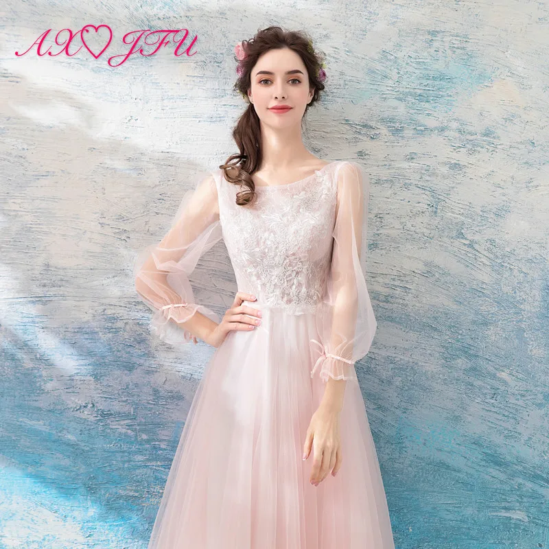 

AXJFU luxury princess Pink Bride Short Long Sleeve evening Dress party illusion o neck beading crystal lace evening dress 9127