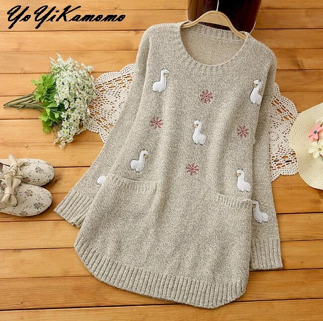 YoYiKamomo Winter Sweater Women 2018 New Japanese Mori Girl Long-sleeved Pregnant Embroidery Pullovers Knit Loose Tops | Женская одежда