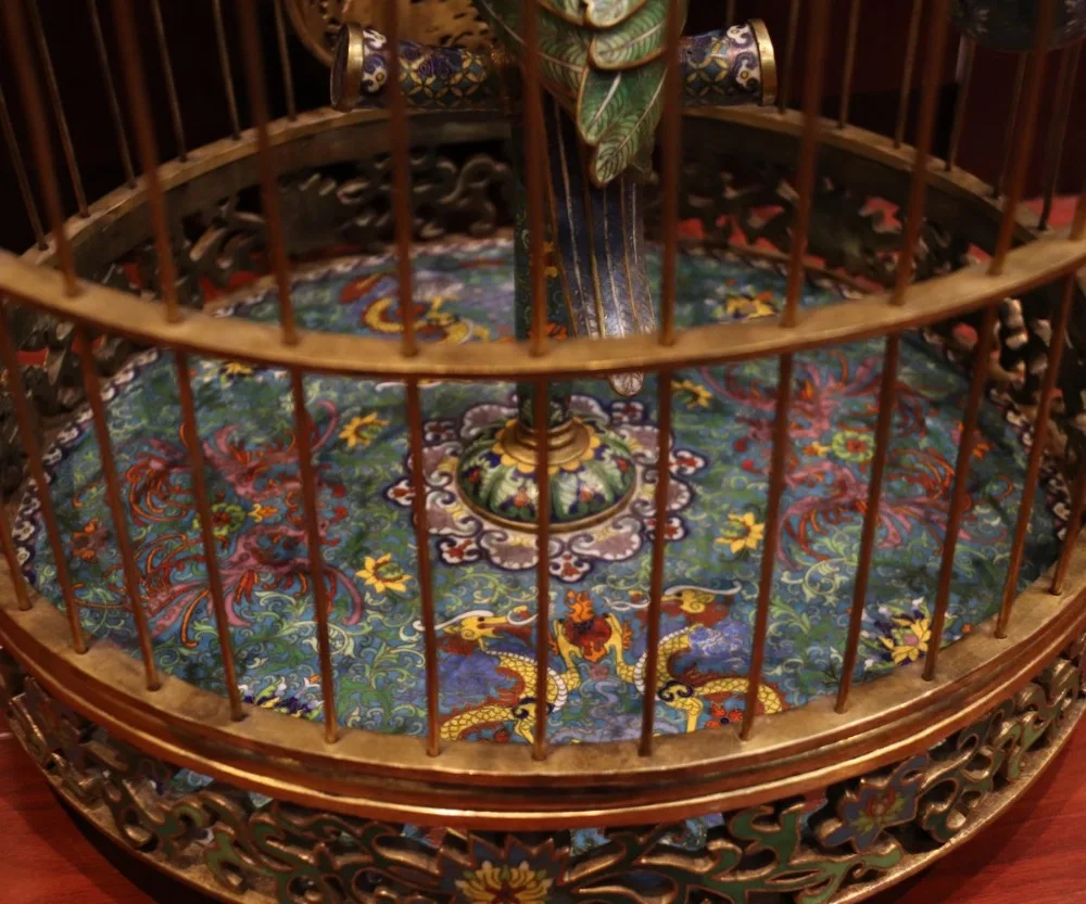 24&quot China Pure Bronze Cloisonne 24K Gold Scarlet Macaw Flower Bird Cage Birdcage | Дом и сад