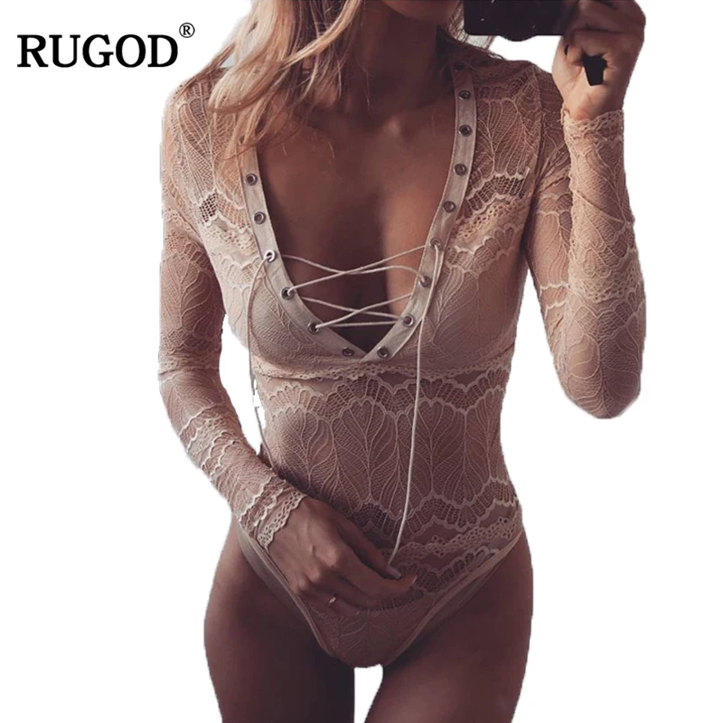 Женский комбинезон RUGOD черный кружевной на шнуровке с v образным вырезом