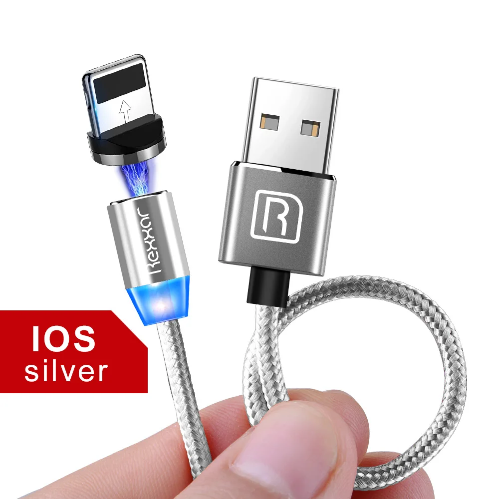 Silver IOS Rexxar, магнитный кабель для iPhone, samsung, быстрая зарядка, Micro USB кабель, шнур, магнитное зарядное устройство, usb type C, 1 м, 2 м, кабели для мобильных телефонов - Цвет: Silver IOS