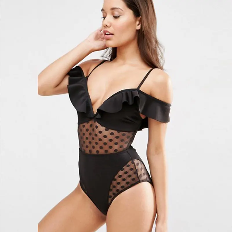 Однотонный черный цельный купальник женский 2017 сексуальный воланами на одно