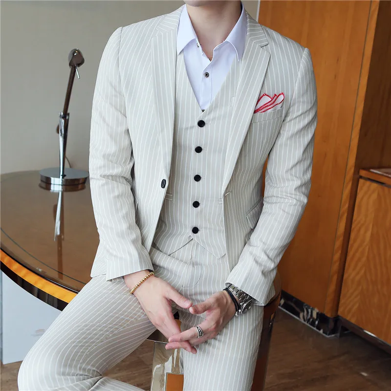 Light Khaki 5 colors Elegant Stripe Suit Terno Costume Homme Luxe Tuxedo Suit Formal Smoking Uomo Party Weddin Slim Fit Banquet Suit Men - Цвет: Light Khaki