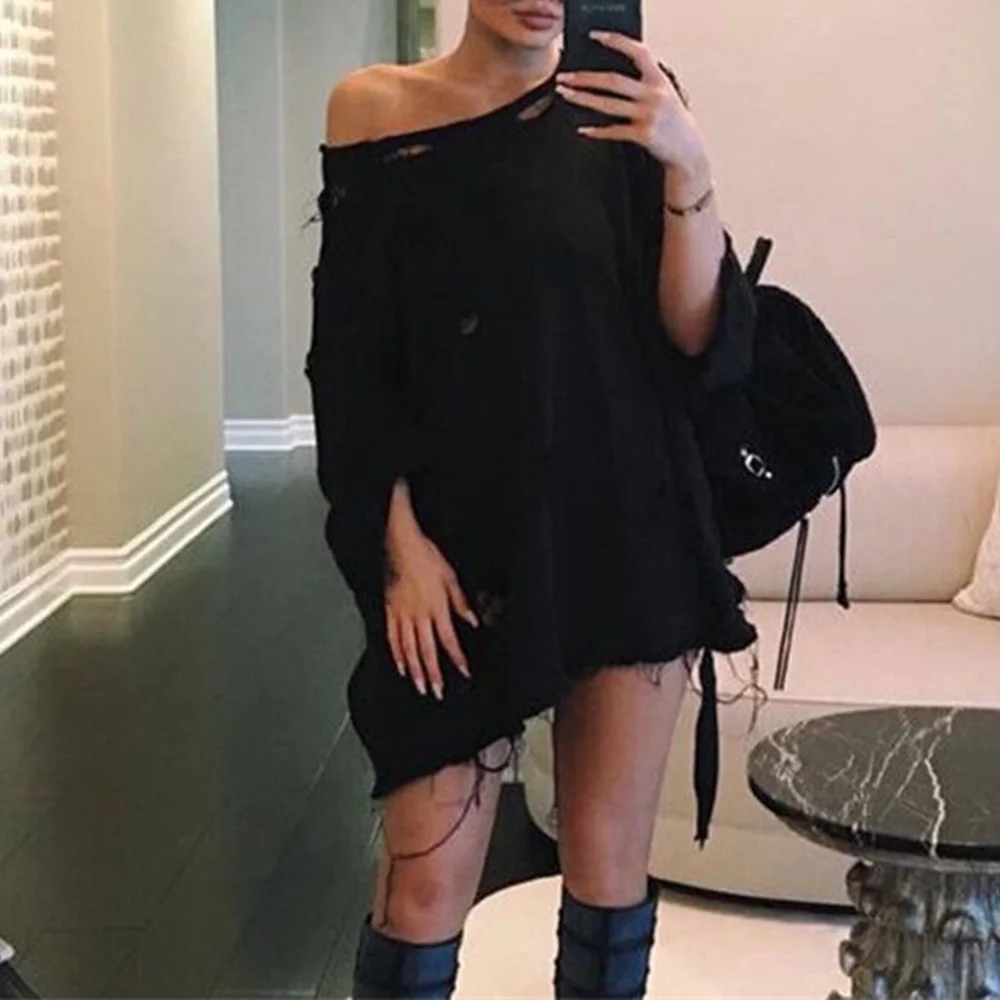 Женская футболка осень мода Харадзюку черные полые отверстия круглый вырез