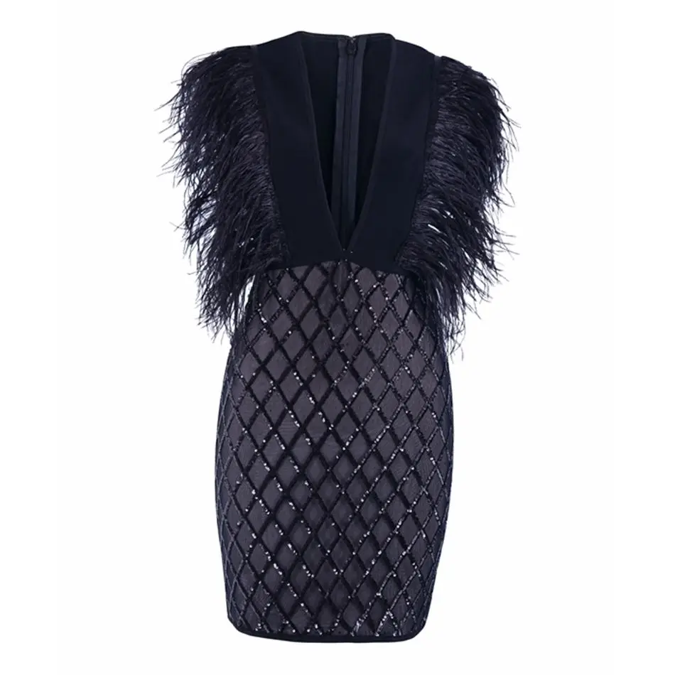 Черный Newest Summer Bandage Dress Women Celebrity Party Sleeveless V-Neck Feather Sexy Night Out Club Dress Women Vestidos - Цвет: Черный