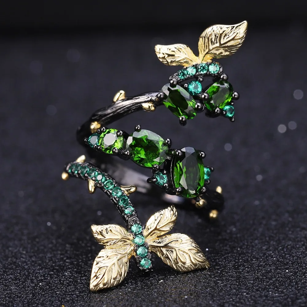GEM'S BALLET 1.81Ct натуральный хром диопсид бабочка на ветке кольца 925 пробы серебро ручной работы регулируемое кольцо для женщин