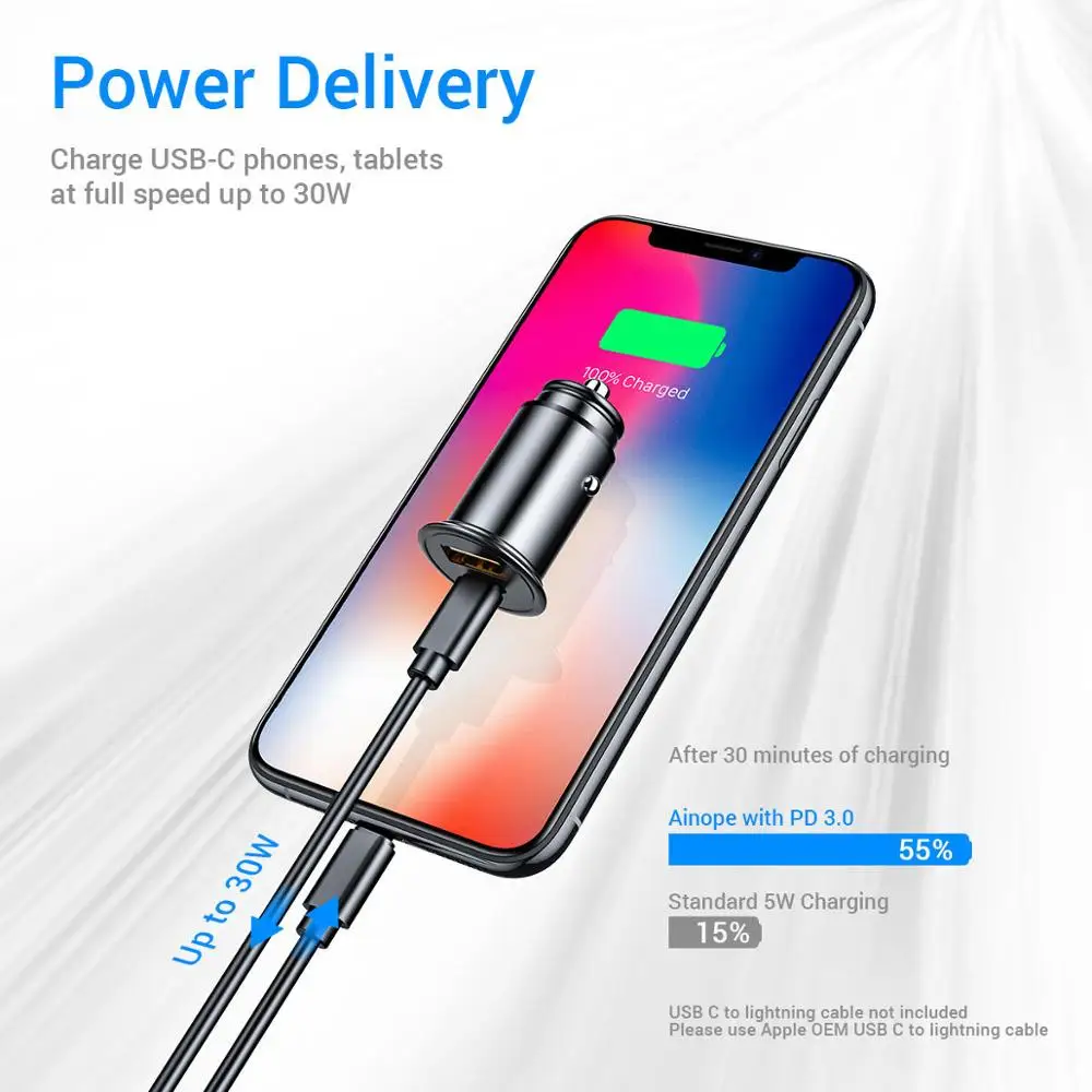 Автомобильное зарядное устройство FIVI с двумя USB разъемами 30 Вт PD 3 0 и QC для iPhone X/Xs/Xr