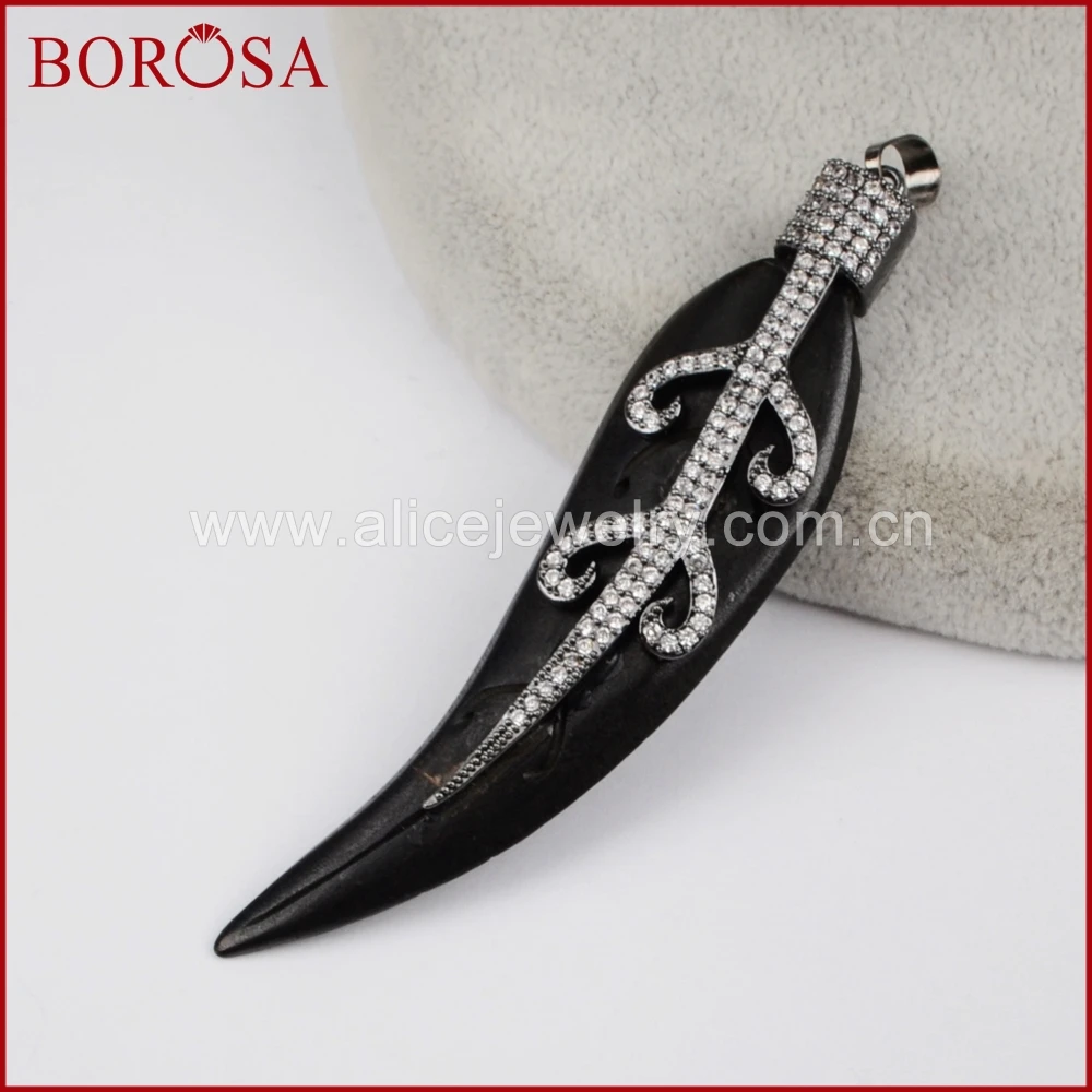

BOROSA new natural ox bone leaf druzy pendant mirco pave white zircon black bone fashion pendant for women necklace WX465