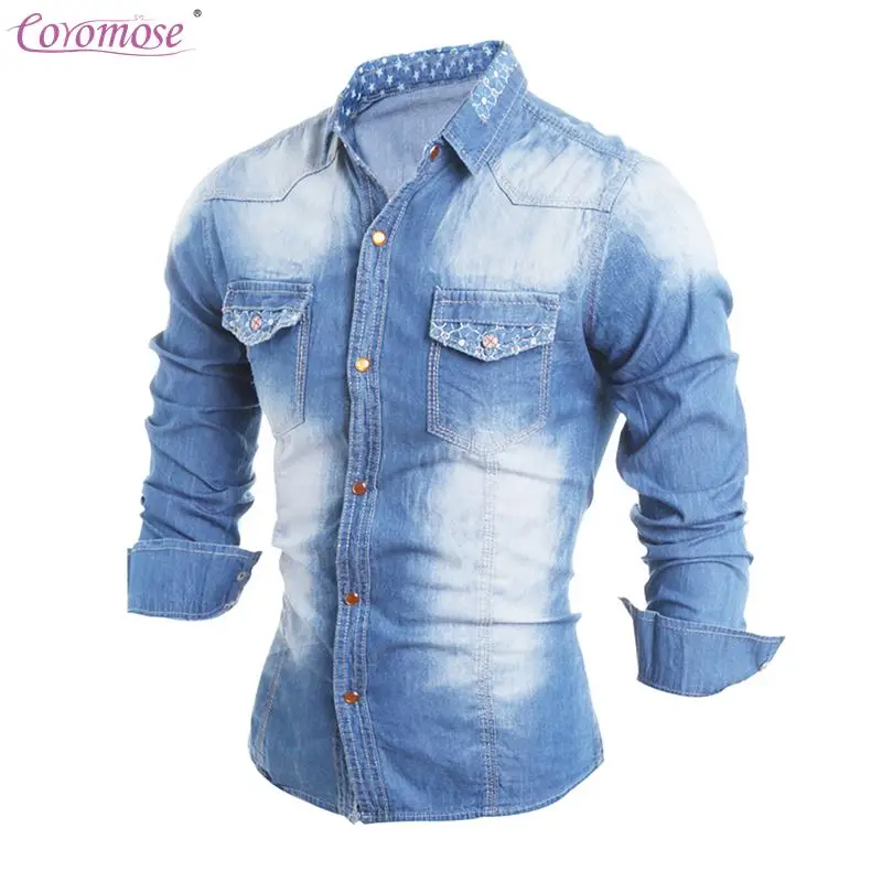 У Для мужчин с длинным рукавом Стенд воротник Однобортный джинсовая рубашка