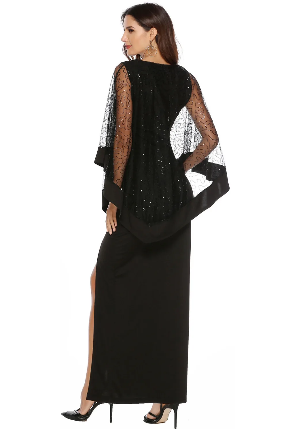 

New Summer Women Cloak Sleeves Sequins Stitching Long Dress With High Waist Slim Figure For Female Office Dress