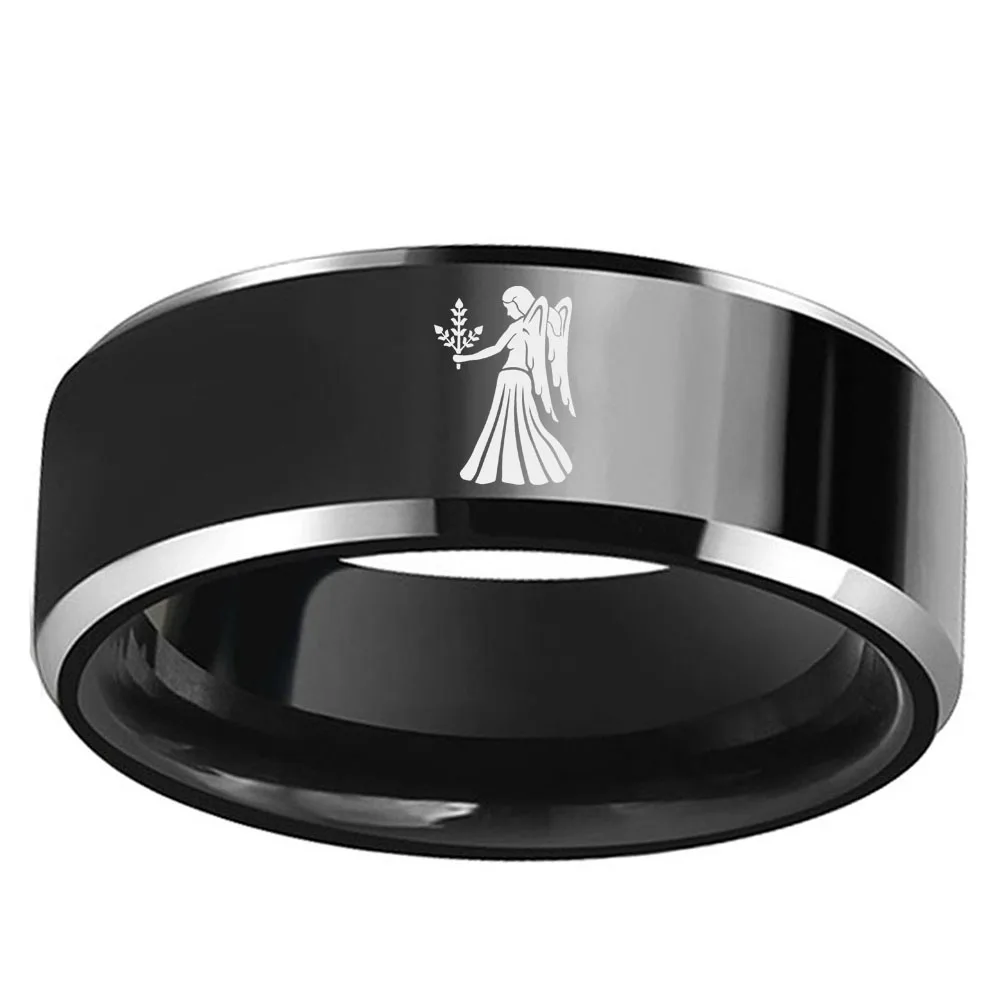 

8mm Black Tungsten Carbide Ring Two Tone Men Wedding Band with Virgo Constellation Lasered Comfort Fit Size 6-13