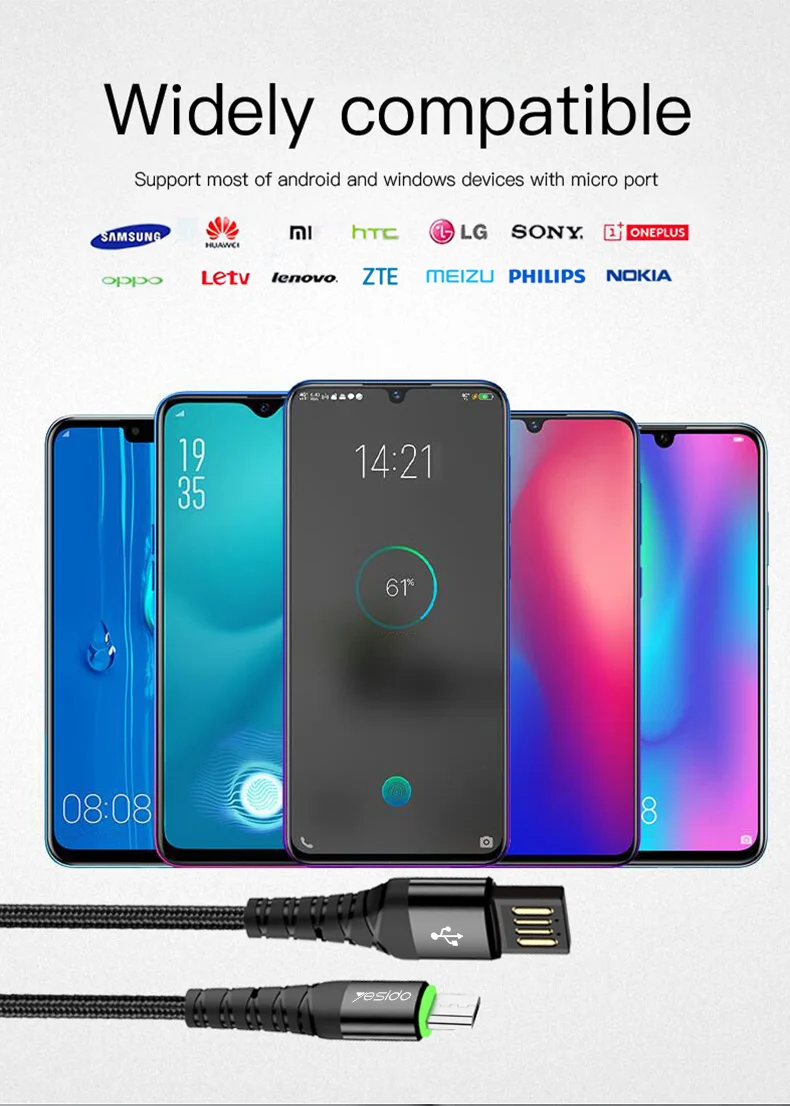 Yesido CA35 Реверсивный USB кабель Micro USB шнур быстрое зарядное устройство кабель для Xiaomi Redmi huawei зарядный провод Micro USB Кабель-адаптер