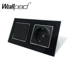 2 кнопочный переключатель и розетка Wallpad, черная стеклянная панель, кнопочный переключатель и настенная розетка Schuko EU с креплением Haken