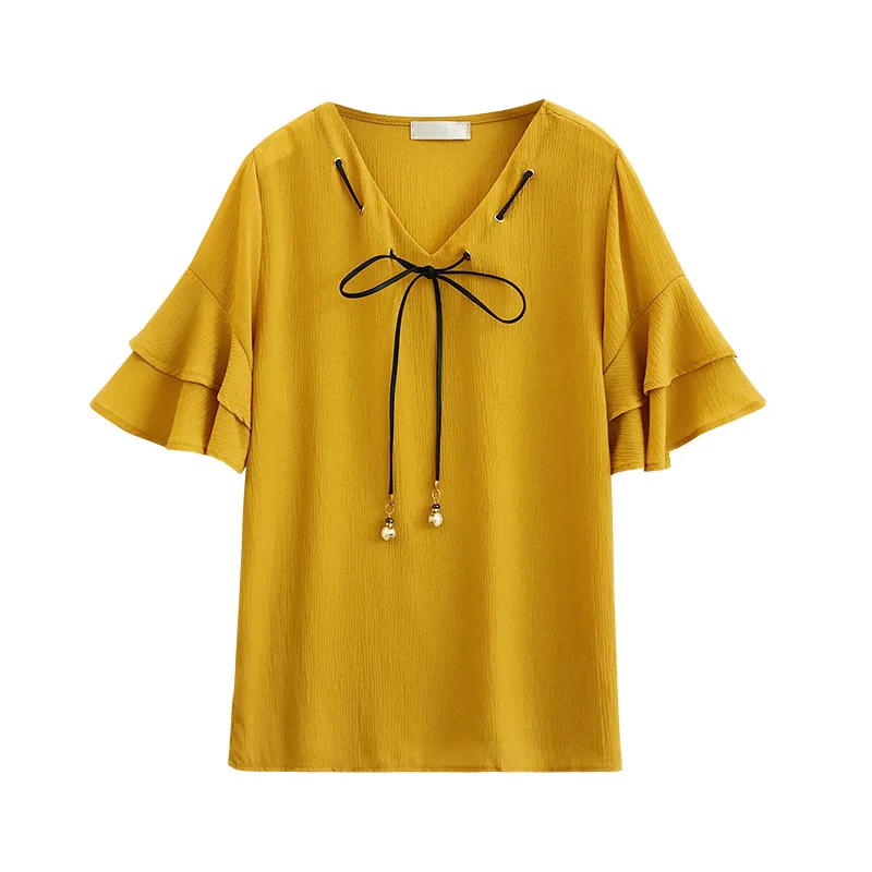 

Sweet Temperament Summer Blouse Shirts Women Fashion V Neck Lace-up Flare Sleeve Chiffon Shirt Female Chic Plus Size Loose Blusa