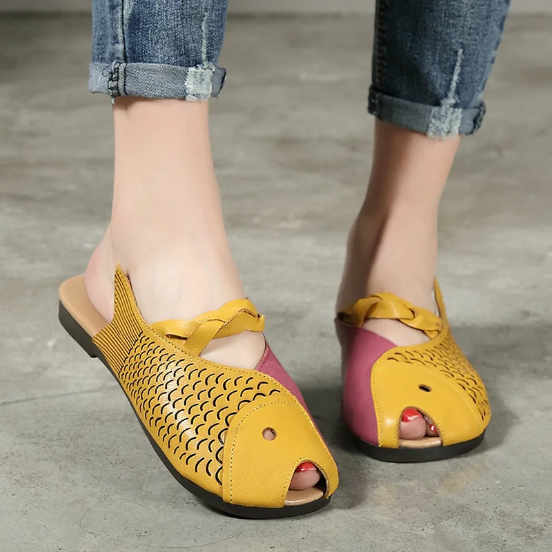 Women Leather Slippers Flat Heels Peep Toe Summer Shoes Girls Casual Handmade Genuine Beach Slipper Fish | Обувь