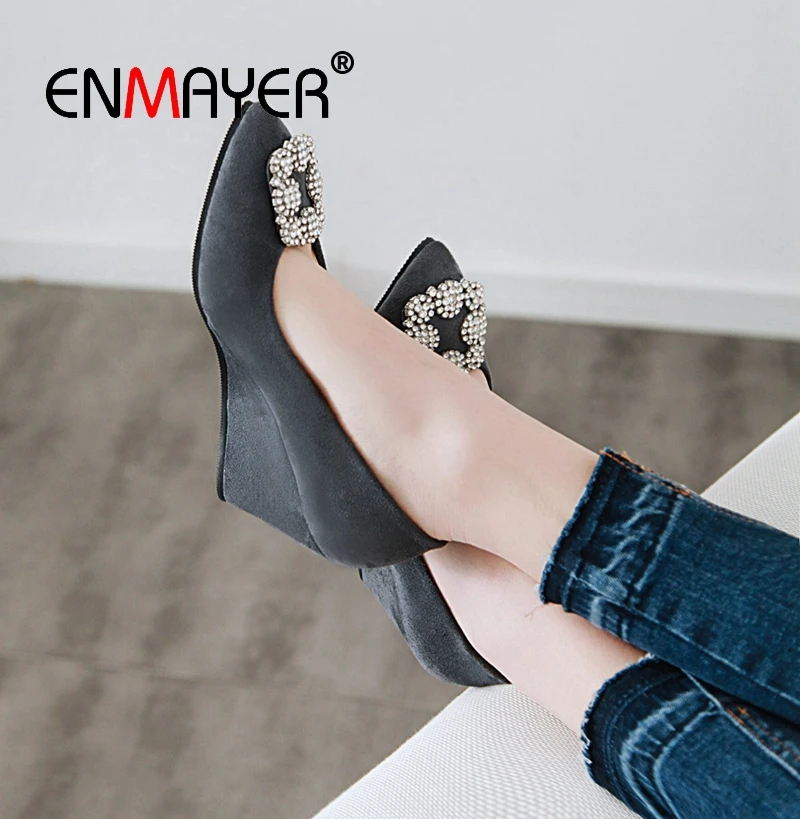 

ENMAYER 2019 New Arrival Women Basic High Heel Wedges Shoes for Women Kid Suede Pointed Toe Casual Pumps Women Size 34-43 LY1865