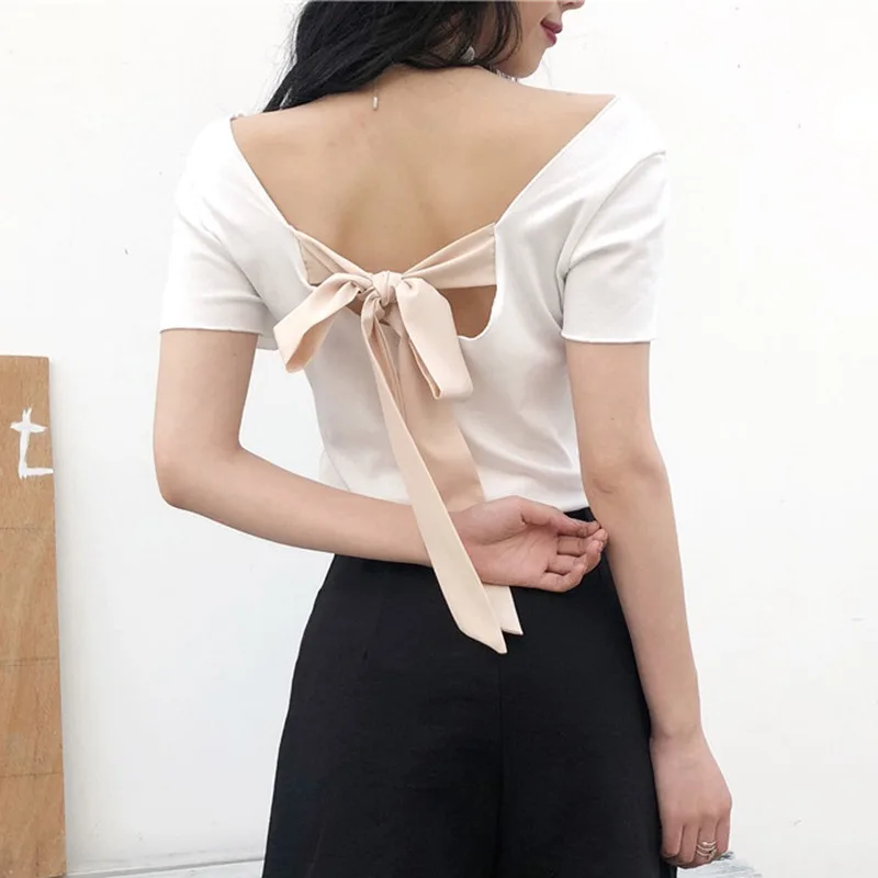 Women Slim T Shirt Sexy Back Lace Up Bow Slash Neck Short Sleeve T-shirt | Женская одежда