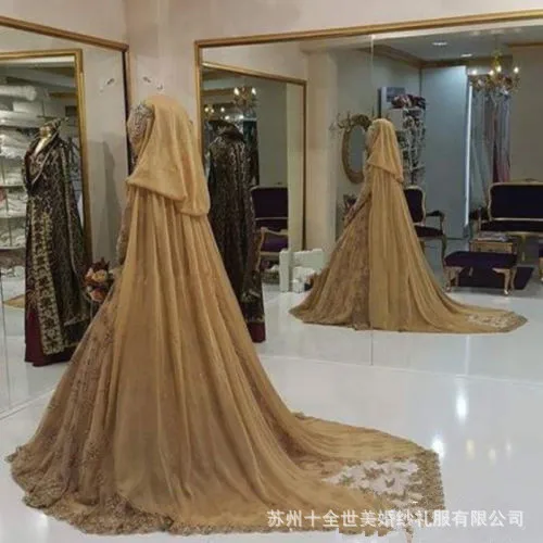 Мусульманские свадебные платья Дубай Шампань с длинным рукавом Abaya Женские