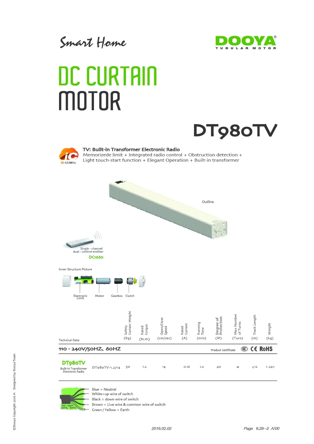 Dooya мотор для штор DT980TV 50 кг мощность 100-240 В управление излучателем и