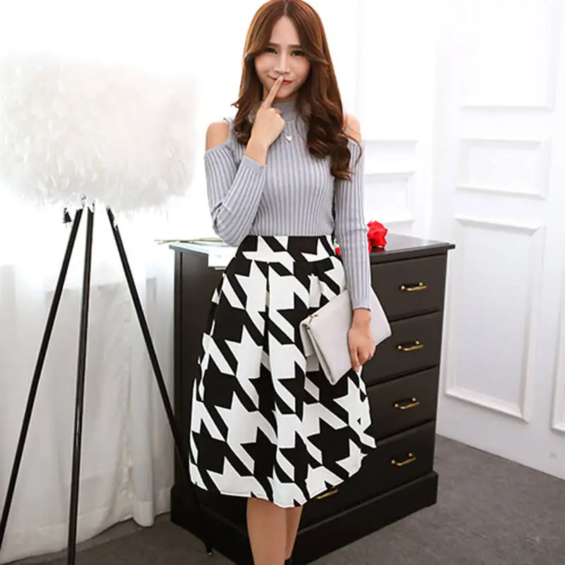 2016 Осенние Юбки Женщин Старинные Цветочный Принт Высокая Талия Бальное платье