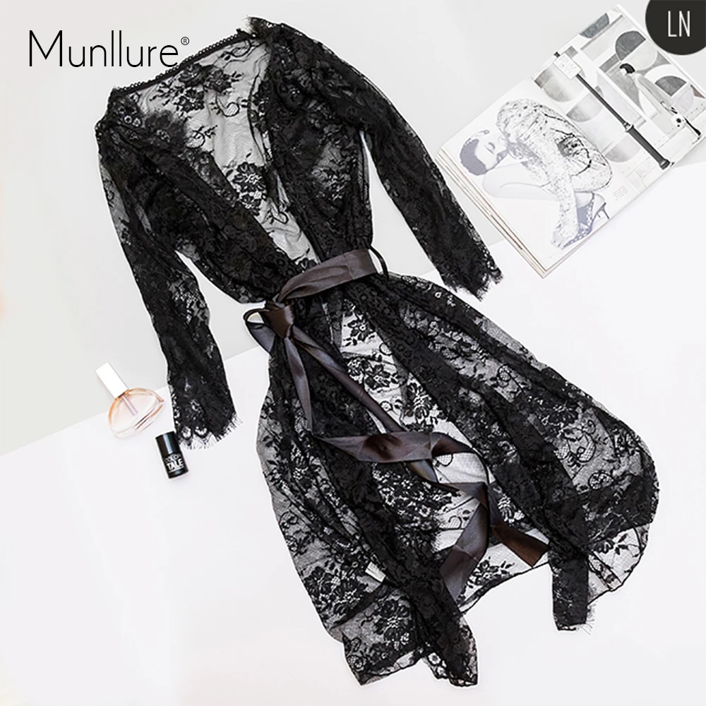 Черная кружевная ночная рубашка Munllure с ресницами Сексуальная Роскошная