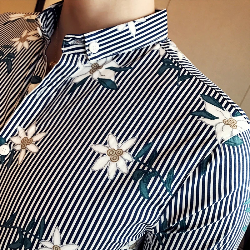 Осень 2017 г. мужчин розовый/Блюз полосой цветы Рубашки корейский стиль социальных