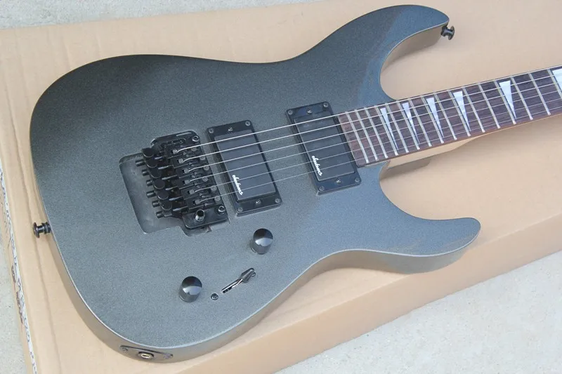 Фабрика на заказ металл серый корпус электрогитара с Floyd Rose, 2 звукоснимателя, белый корпус Лада инкрустация, черная фурнитура, предложение по индивидуальному заказу