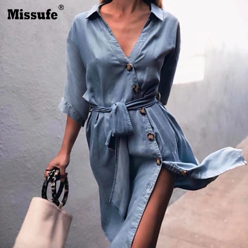 Missufe Sexy Bandage Denim Dress Female Casual Button V Neck Autumn Vestidos Split Elegant Robe Party Midi Beach Women's | Женская