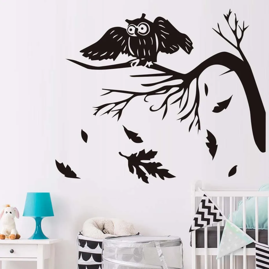 

New arrival Autumn Tree Leaves Falling Owls Bird Wall Sticker Kids Rooms Vinyl Wall Art Stickers Decals Babys Home Decoration