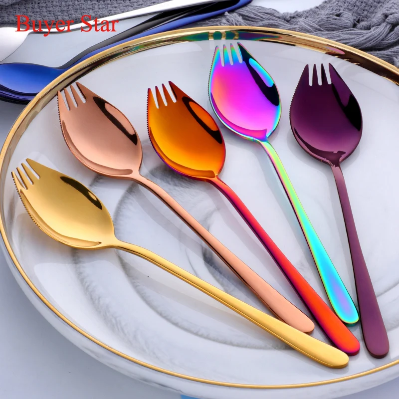 

2/8PCS Colorful 3 IN 1 Sporks Stainless Steel Dessert Fork Spoon Noodles Salad Fruit Utensils Creative Kitchen Tableware Tools